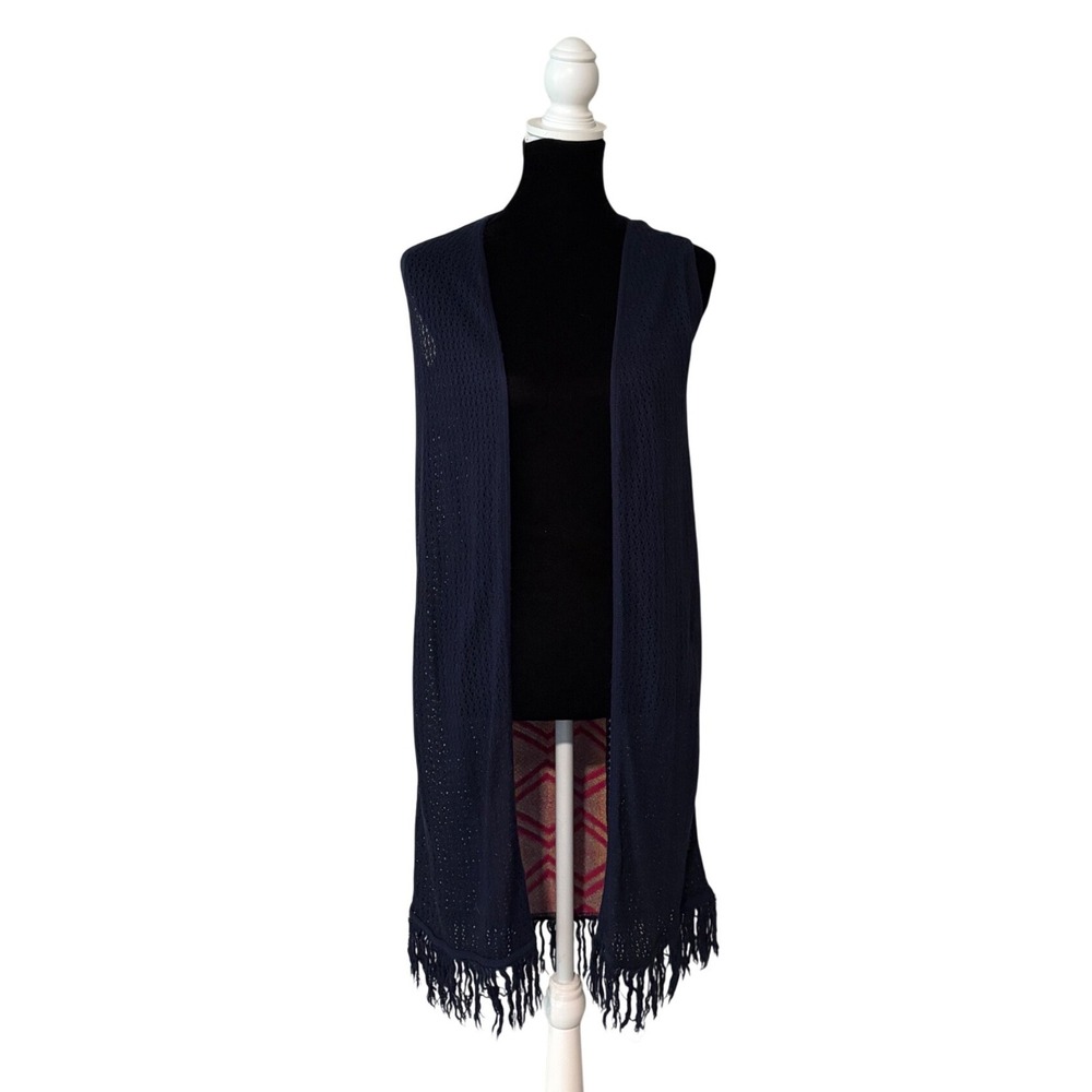 C. Luce Navy Knit Longline Fringe Vest Pink Chevron Back Open Front K667FBLLT M